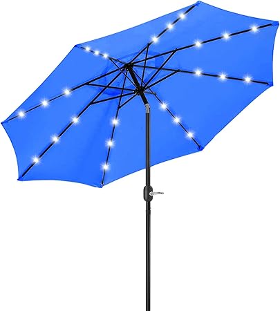 Amazon Com 9ft Solar 24 Led Lighted Outdoor Patio Umbrella With 8 Ribs Tilt Adjustment And Crank Lift System Blue Garden Outdoor