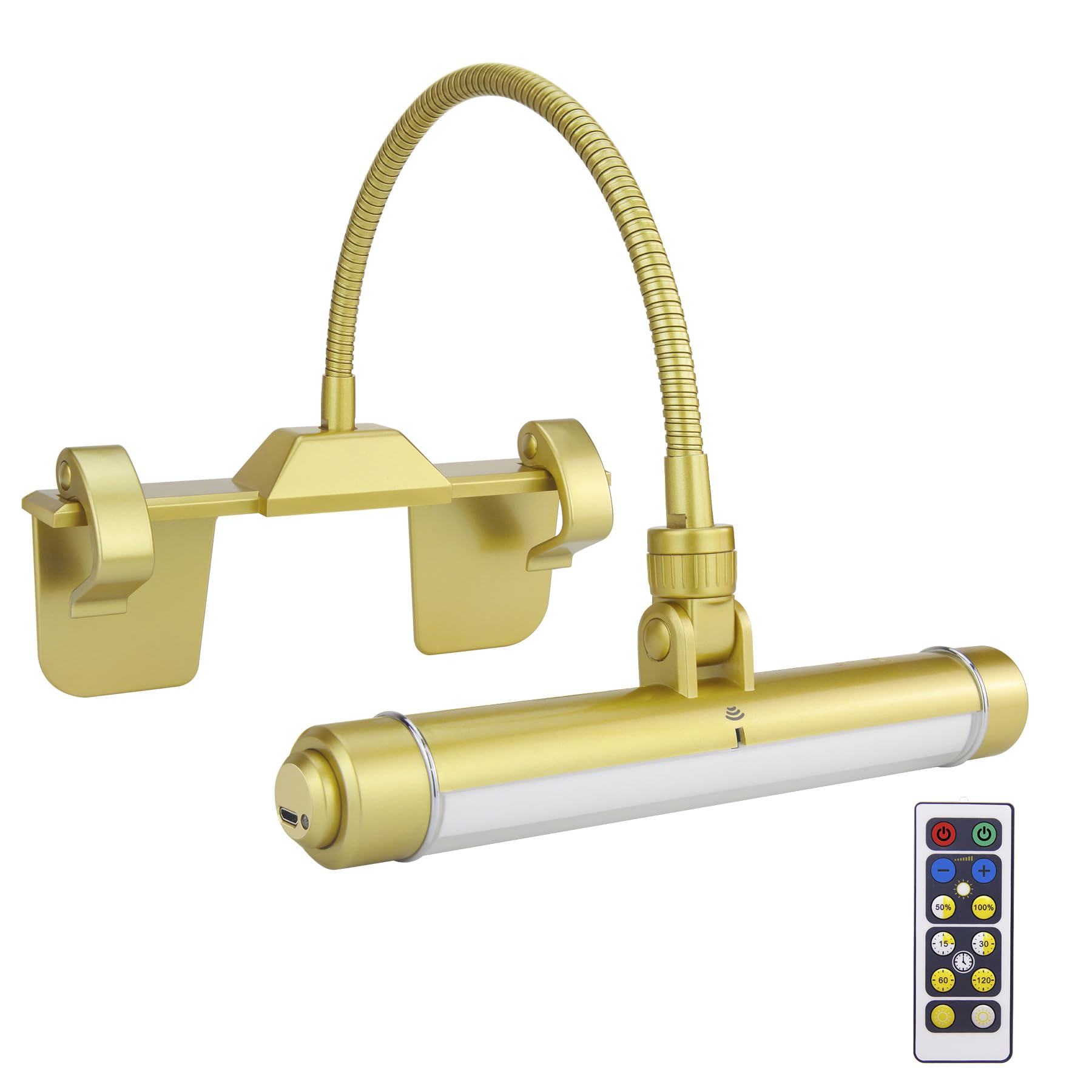 HONWELL LED Picture Light with Remote Control, Wireless Rechargeable Dimmer, Rotating Head Artwork Display with 3 Lighting Modes for Painting, Dartboard - New Gold