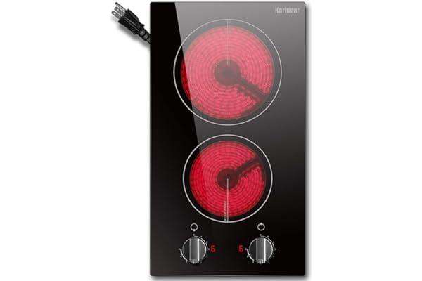 Karinear 110v Electric Cooktop 2 Burners, 12'' Electric Stove Top with Plug in, Knob Control Countertop & Built-in Ceramic Co