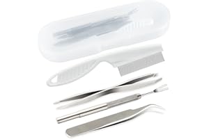 FEPITO 5 Pcs Stainless Steel Tick Remover Tool Set Pet Dogs Cats Ticks Remover Kit Including 1 PCS Tick Removal Tweezers 1 PC