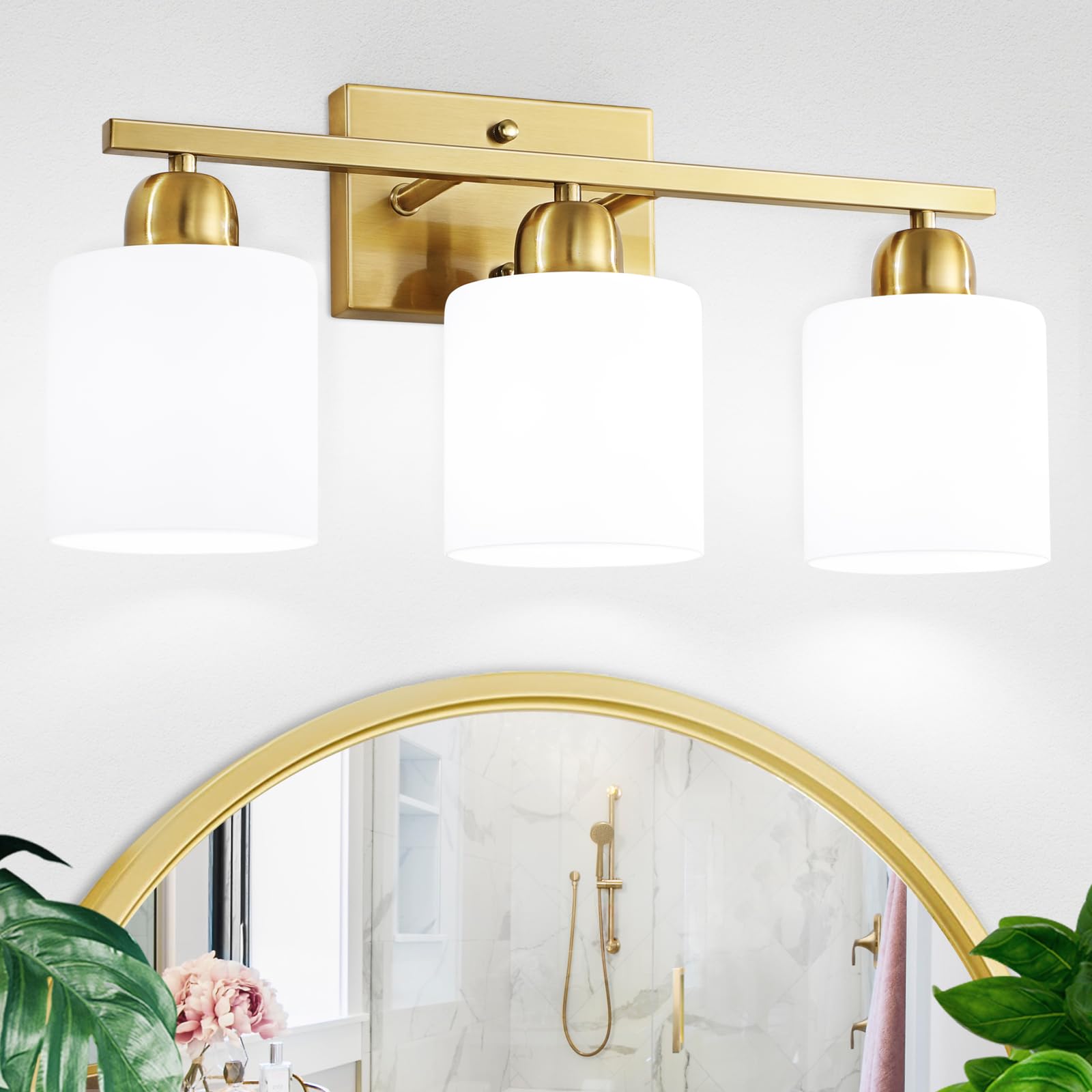 Photo 1 of 3 Light Gold Bathroom Light Fixtures, Modern Bathroom Vanity Lights with Milky White Frosted Glass Shades, Gold Vanity Mirror with Lights for Mirror Living Room E26 Base
