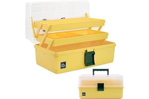Creahaus 13 inch Art Craft Organizer Storage Box with 3 Layer, Multipurpose Plastic Tool Box with Handle for Sewing, Art Supply, Medicine, Nail, Hair Accessories (Yellow)