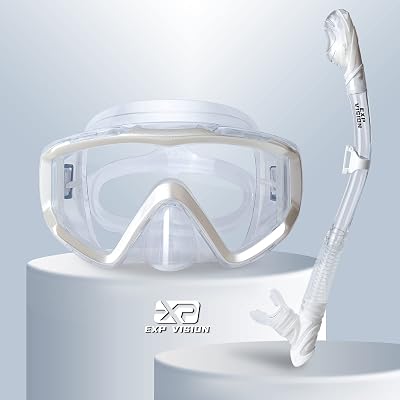 EXP VISION Dry Snorkel Set Panoramic 3 Window Mask Anti-Fog Pearl White
