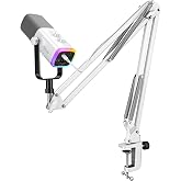 FIFINE AmpliGame AM8TW Gaming XLR/USB Microphone Kit Streaming Dynamic Mic | Computer Mic with Controllable RGB, Headphones Jack, Gain Knob, Arm Stand, for Vocal Podcast Recording Voiceover, White