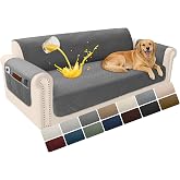 YUEVELLA Velvet 100% Waterproof Couch Cover for Dogs Washable Sofa Covers for 3 Cushion Couch Pet Friendly Sofa Slipcovers Set Non Slip Quilted Furniture Protector with Pockets (Large, Dark Grey)