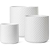 LE TAUCI Ceramic Pots for Plants, 10/8/6 Inch Indoor Planters with Draiange Hole, Silicone Plug & Mesh Pad, Modern Rasied-Dots Pots for Home Office, Set of 3, Satin, White