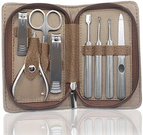 Manicure Set Nail Clippers Set, 8 in 1 Professional Stainless Steel Nail Care Tools with Portable Khaki PU Leather Case