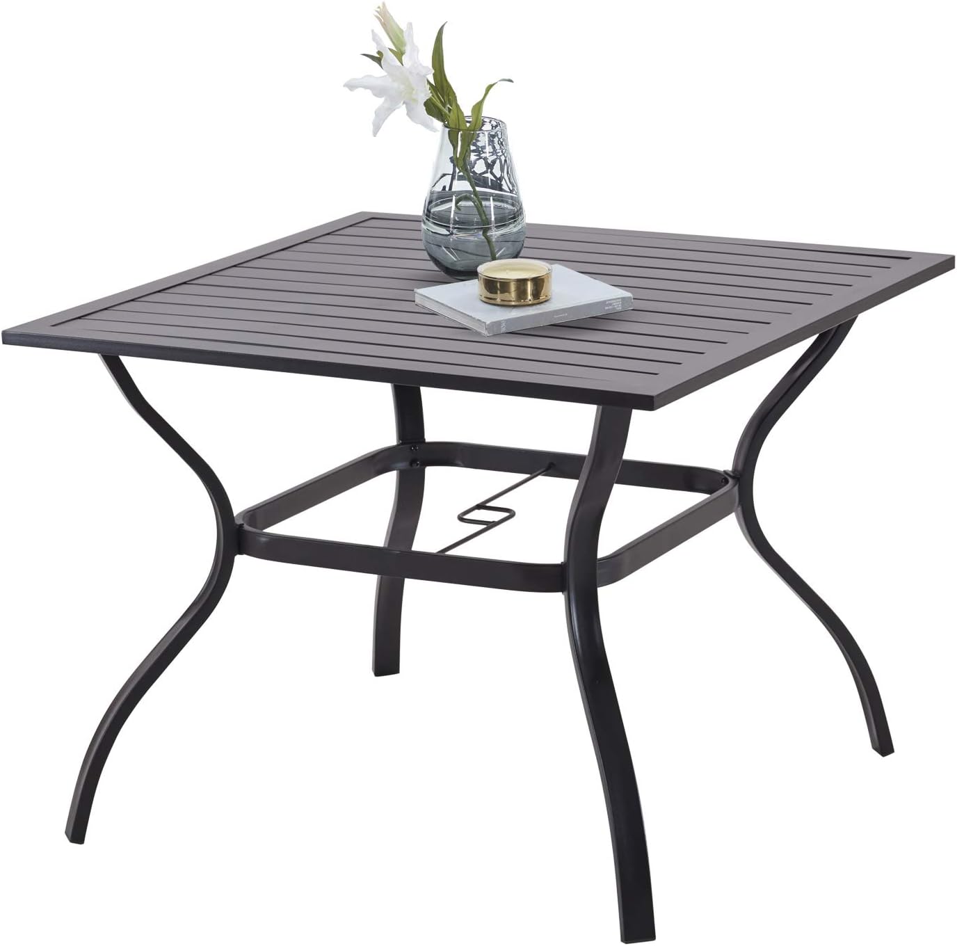Patio Dining Table for 4, Outdoor Metal Square Table with Umbrella Hole for Garden Deck, Black