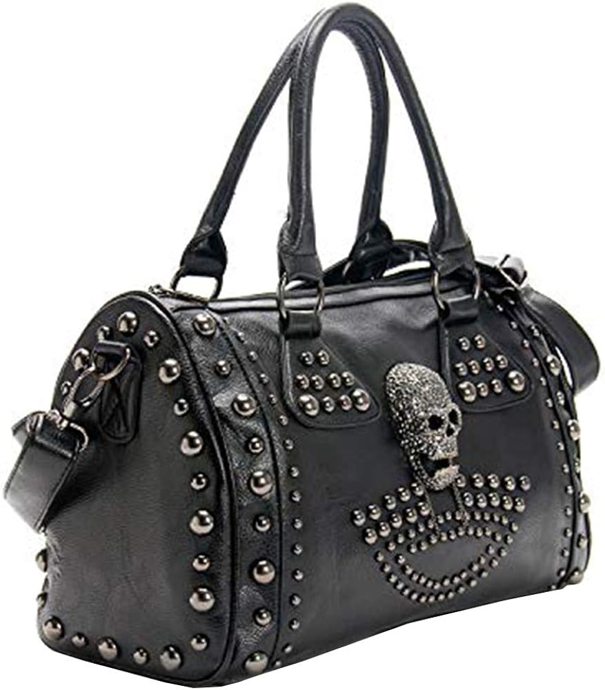 AlwaySky Women Skull Handbag Tote Purse Large Capacity Gothic Shoulder Bag with Strap Studded Doctor Handbag, Black