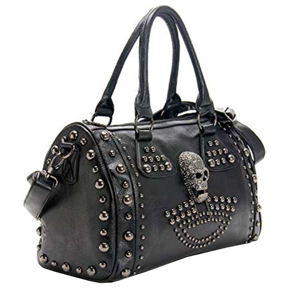 AlwaySky Women Skull Handbag Tote Purse Large Capacity Gothic Shoulder Bag with Strap Studded Doctor Handbag, Black