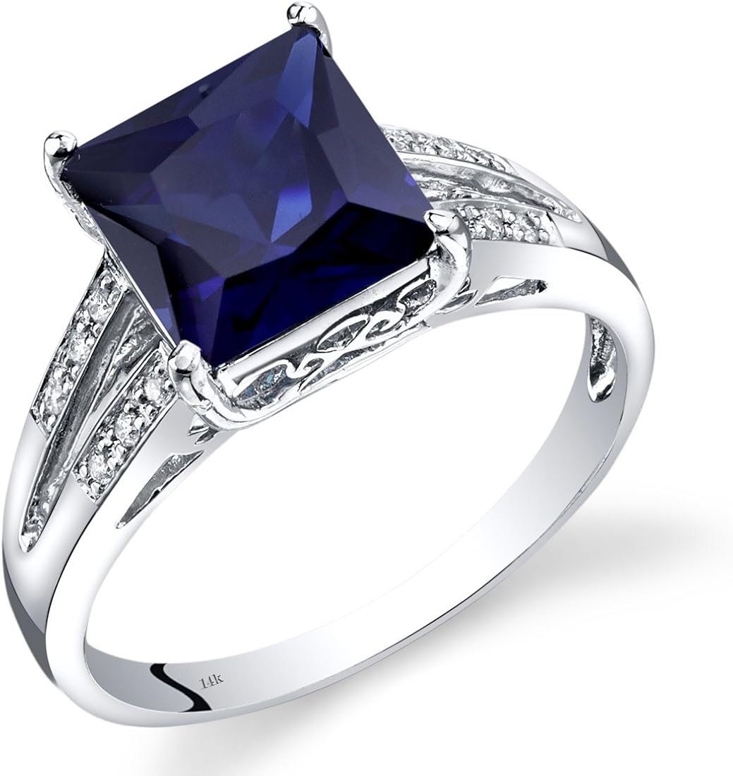 14K White Gold Created Sapphire Diamond Ring Princess Cut 3