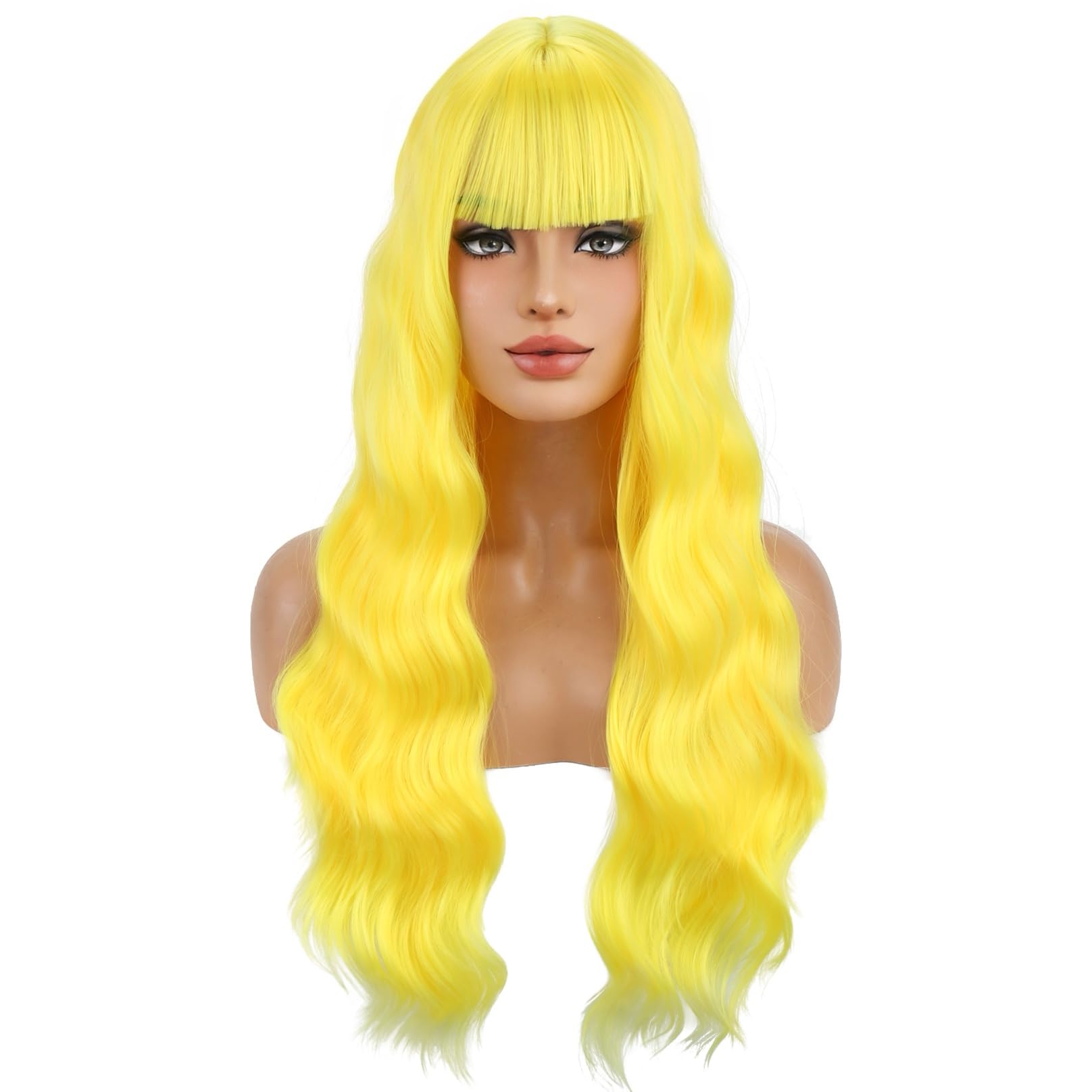 Photo 1 of BERON Yellow Long Curly Wave Women Wig with Bangs Girls Yellow Wavy Heat Resistant Synthetic Wig for Cosplay Costume Party Daily