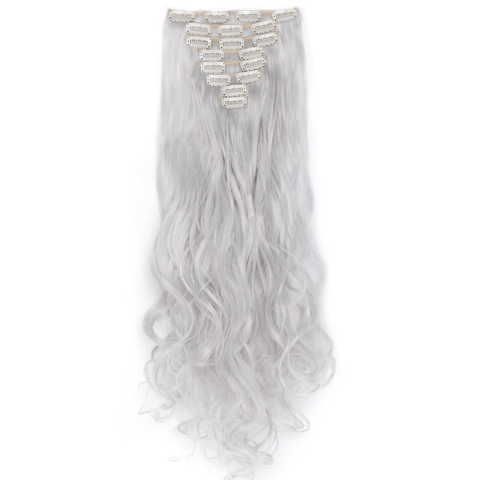 S-noilite 17-26 Inches(43-66cm) 8pcs Long Full Head Clip In Hair Extensions Extension Sexy Lady Fashion Choice 60 Colours (24 Inches-Curly, Silver Gray)
