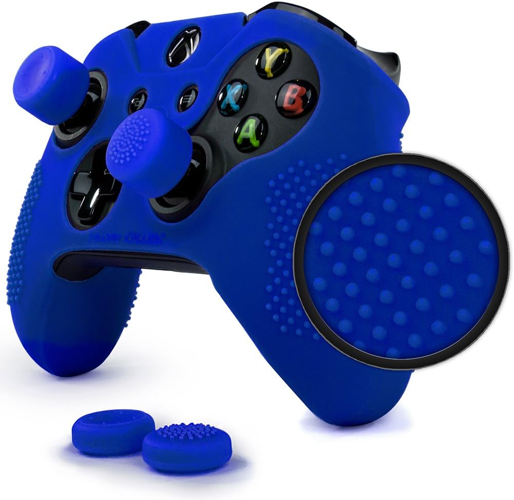 ParticleGrip Studded Skin Set for Xbox One (& One S) by Foamy Lizard โ Patent Pending Silicone Skin Cover Antislip Studs Plus Matching Set of 4 AceShot Analog Thumbgrips (Blue)
