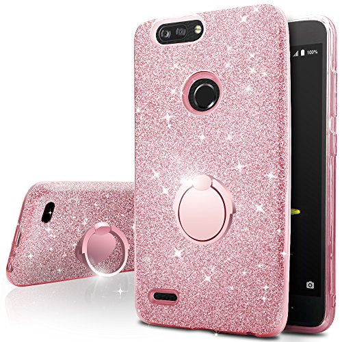ZTE Blade Z Max Case, ZTE Blade Zmax Pro 2 Case, ZTE Sequoia Case,Silverback Girls Bling Glitter Sparkle Case With Ring Stand, Soft TPU Outer Cover + Hard PC Inner Shell for ZTE Z982 -Rose Gold