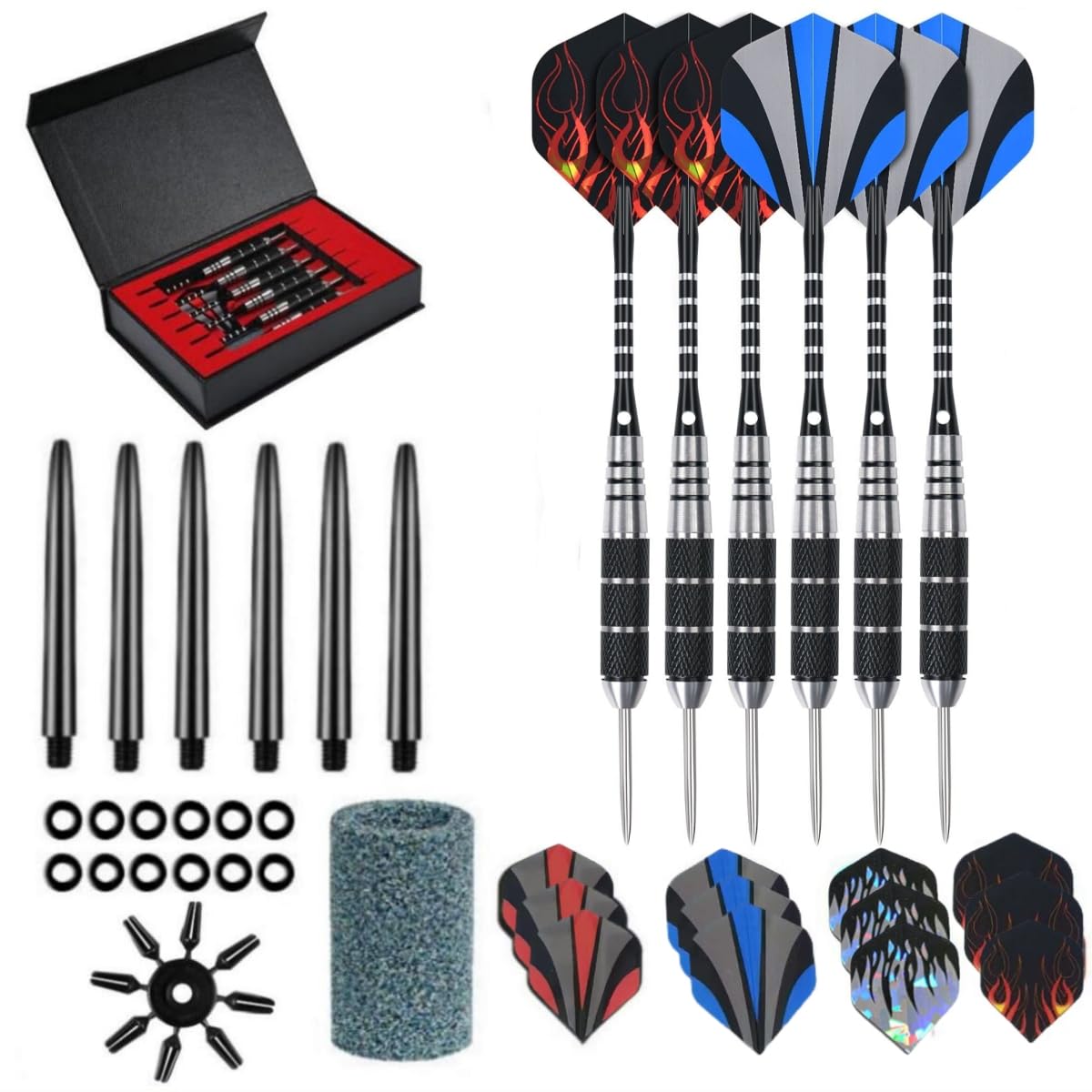 HRLORK 6 Packs Darts Set Professional Darts Set Steel Tip Darts Aluminum Shafts Darts Stems and Flights with 6 Black Spare Plastic Shafts and Darts Case-22g Darts