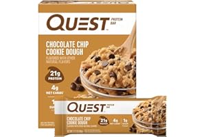 Quest Nutrition Chocolate Chip Cookie Dough Protein Bars, 21g Protein, 4, Net Carbs, 1g Sugar, High Fiber, Gluten Free, Keto Friendly, 4 Count