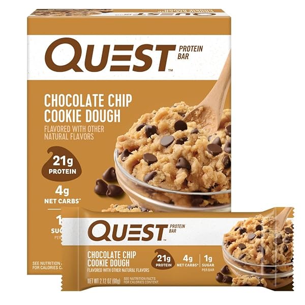 QUEST NUTRITION CHOCOLATE CHIP COOKIE DOUGH PROTEIN BARS, 21G PROTEIN, 4, NET CARBS, 1G SUGAR, GLUTEN FREE, KETO FRIENDLY, 4 COUNT