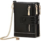 AOXONEL Wallets for Women Small Rfid Bifold Leather Ladies Wallet,Travel Billfolds Medium Size Card Holder with Removable Wristlet Chain,Multi-Card Slots,ID Window,Double Zipper Coin Pocket (Black)