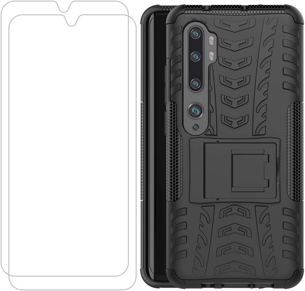 for Xiaomi Mi Note 10 CC9 Pro Shockproof Hard Protective Kickstand Case Cover (Black Case+2Pcs Screen Protector, for Xiaomi Mi Note 10)