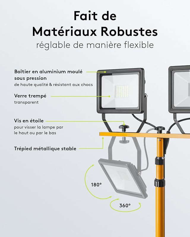 49984 Projecteur de Chantier LED télescopique Double tête pour Utilisation intérieure et extérieure Trépied en métal Blanc Froid, Jaune, 2x 50W