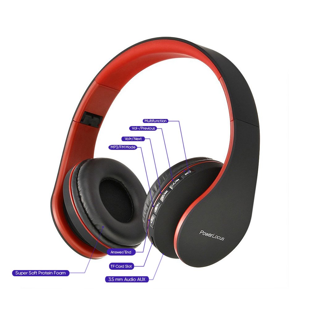 Casque Bluetooth, PowerLocus Sans Fil Bluetooth Over-Ear Stéréo Pliable Casque , Filaire Headsets Cancellation du Bruit Avec Microphone pour iPhone, Samsung, LG, iPad (Noir/Rouge)