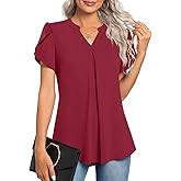 Anyhold Women's Summer Dressy Chiffon Blouse Notch V Neck Petal Sleeve Tops Loose Casual Cute Shirts for Work