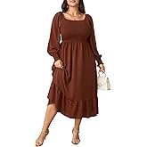 SCOMCHIC Women's Plus Size Maxi Dress Long Sleeve Square Neck Dress Casual Smocked Ruffle Swing Flowy Long Fall Dresses