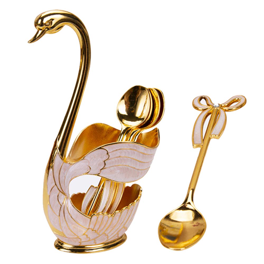 Metal Coffee Dessert Spoon Set, Dinnerware Set Fruit Dessert Fork Cake Coffee Spoon Metal Fruit Fork Set with Base Holder (Swan Gold - S)