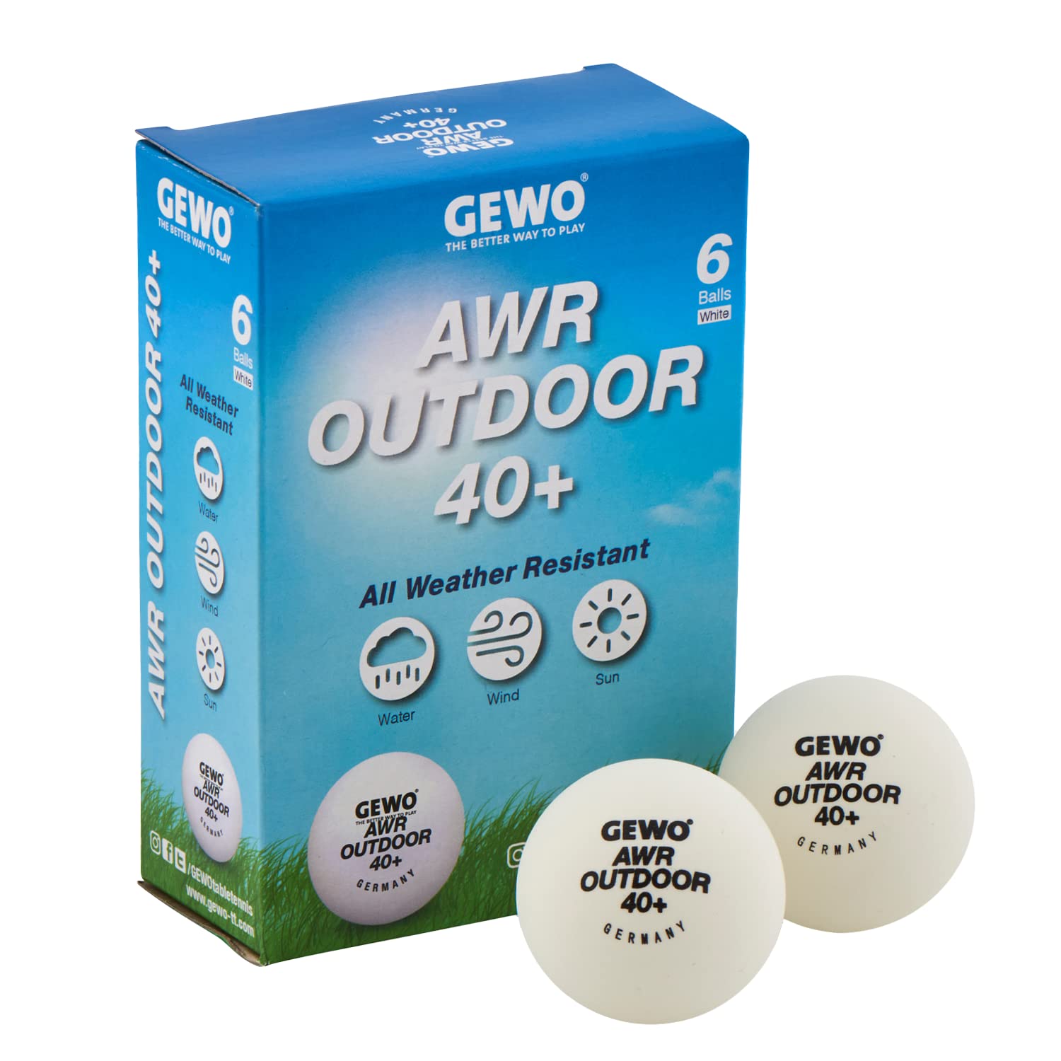 GEWO AWR 40+ Table Tennis Balls - Water-Repellent Plastic Balls for Outdoor Use, Weather-Resistant, 40 mm Diameter, Pack of 6