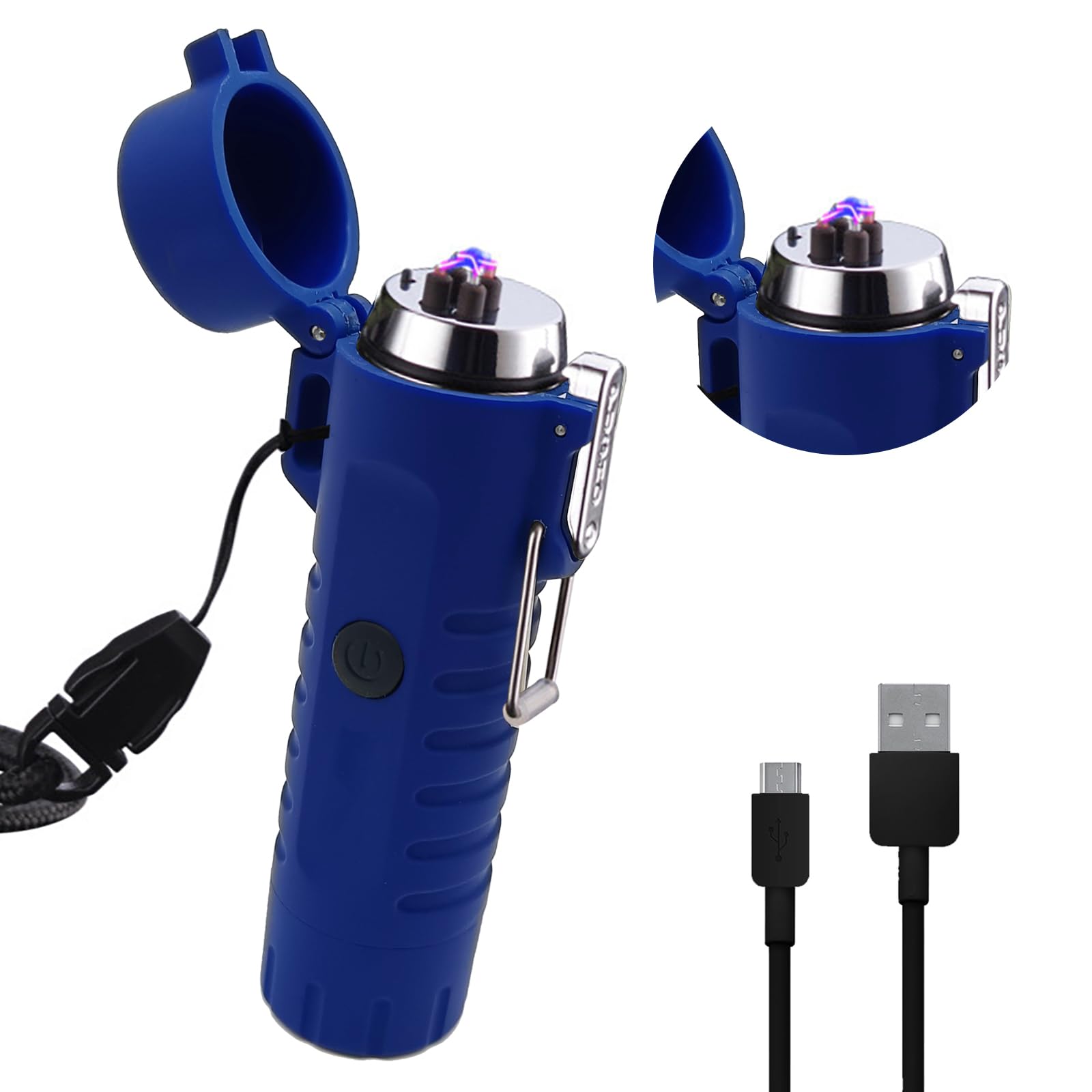 SKRFIRE Windproof Dual Arc Windproof Electric Lighter with LED Flashlight Rechargeable USB Lighters, Flameless Plasma Lighter with Lanyard for Camping, Hiking (Blue)