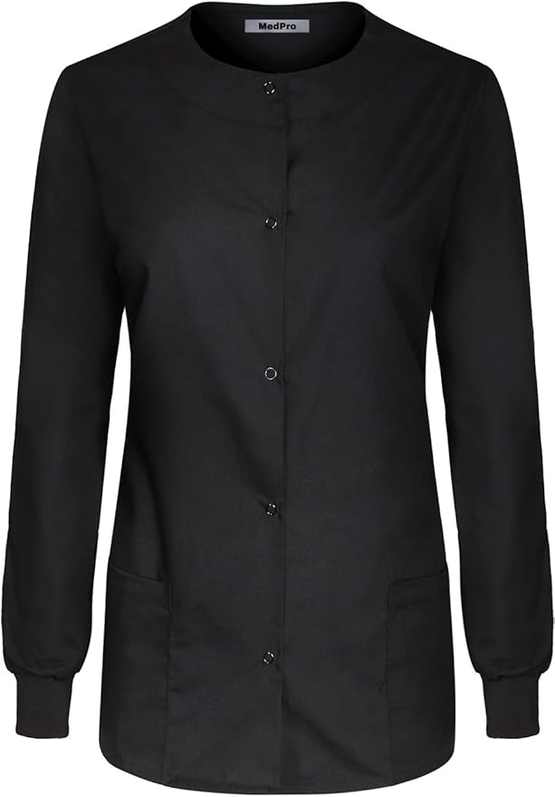 MedPro Women's Medical Scrub Button Down Jacket w/Patch Pocket Black XS