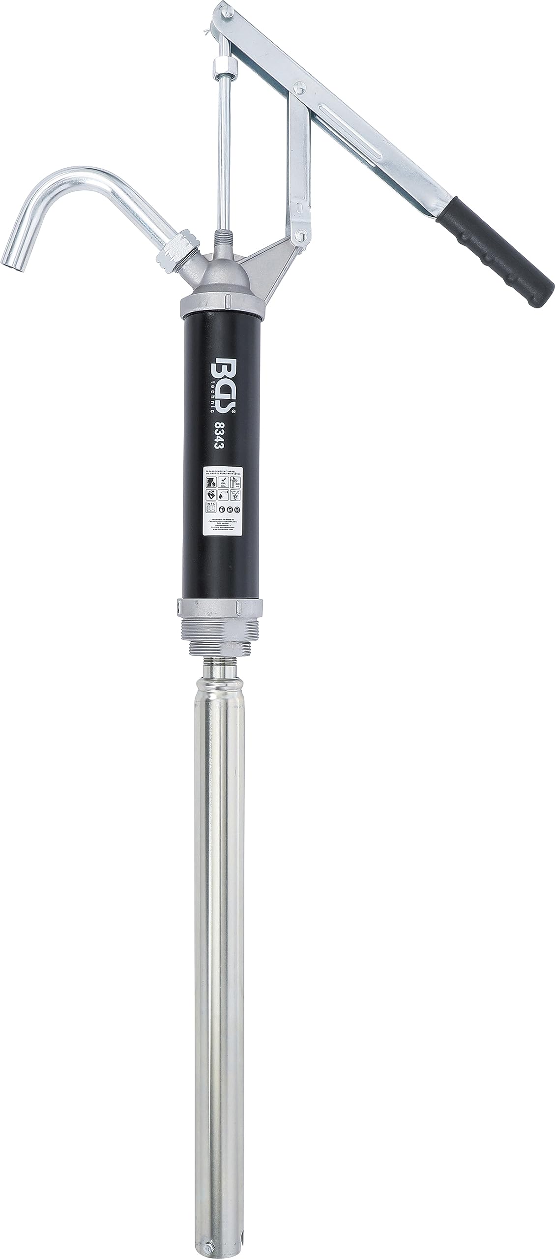 BGS Oil Barrel Pump with Lever, 300 ml per Stroke, Self-adjusting Telescopic Suction Tube, 2 'NPT thread, Up to 200 Liters, Silver