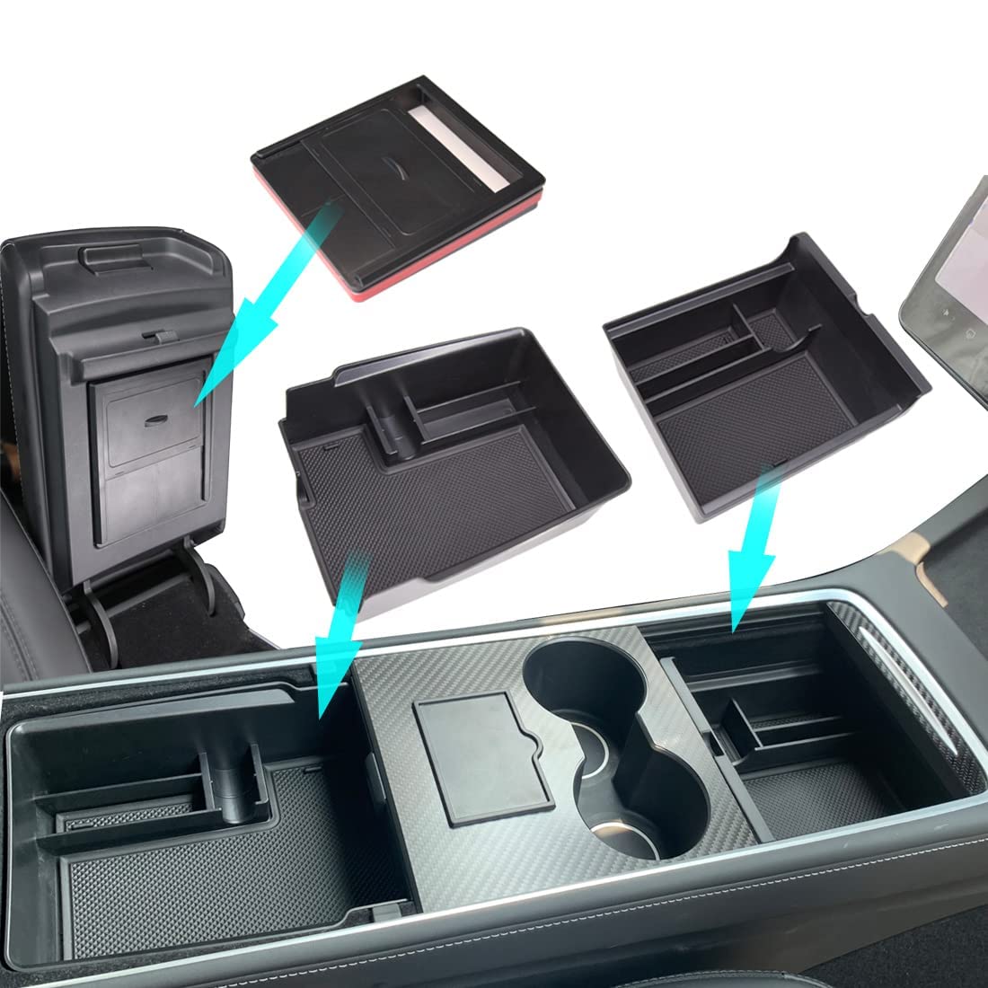 Photo 1 of 2021-2023Model 3/2024Model Y Center Console Organizer Tray Hidden Cubby Drawer Storage Box ABS Material for Tidy Collection of Documents, Glasses,Small Change Lipstick and Other Items 3PCS