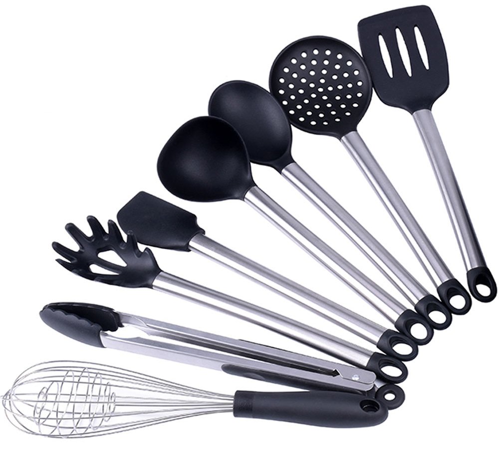 Cooking Utensils, Wifond Kitchen Utensils Set, 8-piece Silicone Stainless Steel Cooking Tools, Gadgets Set - Tongs, Spatula, Slotted Turner, Soup Ladle, Skimmer, Spoon, Pasta Server, Whisk