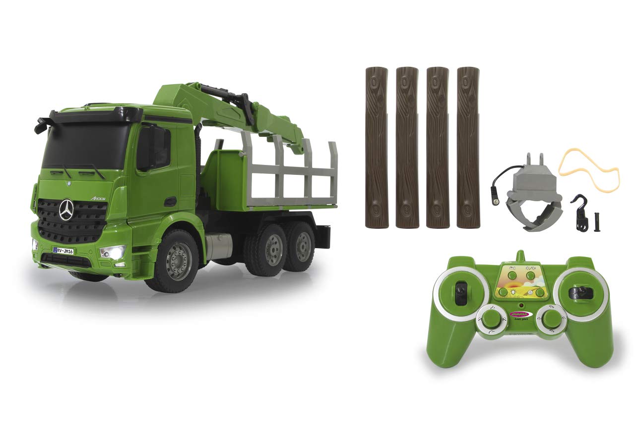 JAMARA 404935 Wood Transporter Mercedes-Benz Arocs 1:20 2.4 GHz - 4WD Crane and Gripper, Realistic Sounds Can Be Switched Off, Light, Indicator, Includes Wooden Trunks, Green