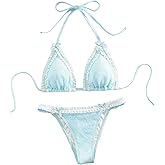 Milumia Women's Lace Trim Bow Tie Bikini Set Triangle Halter Cheeky 2 Piece Swimsuit