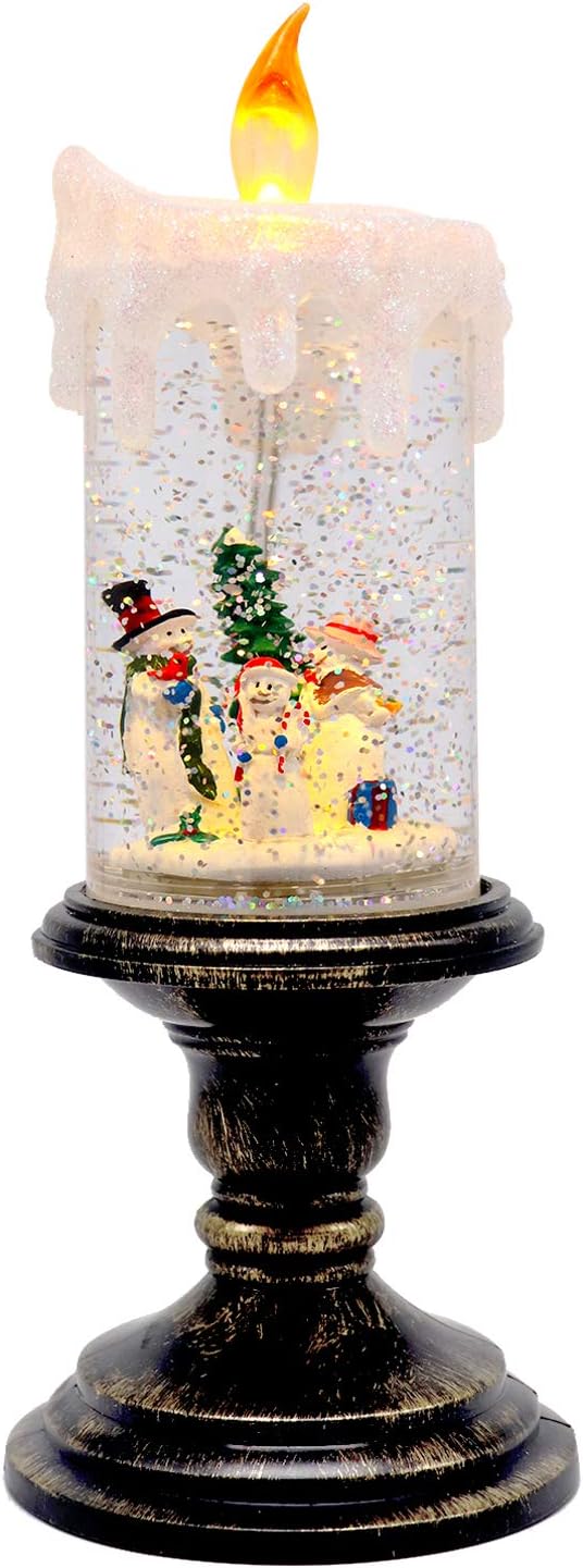 Wondise Christmas Flameless Candle Snow Globe Battery Operated, 10 Inches Swirling Water Glittering Lighted Snow Globe Candlestick Thanksgiving Christmas Decoration(Snowman Family)