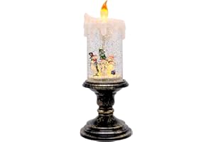 Wondise Christmas Flameless Candle Snow Globe Battery Operated, 10 Inches Swirling Water Glittering Lighted Snow Globe Candlestick Thanksgiving Christmas Decoration(Snowman Family)