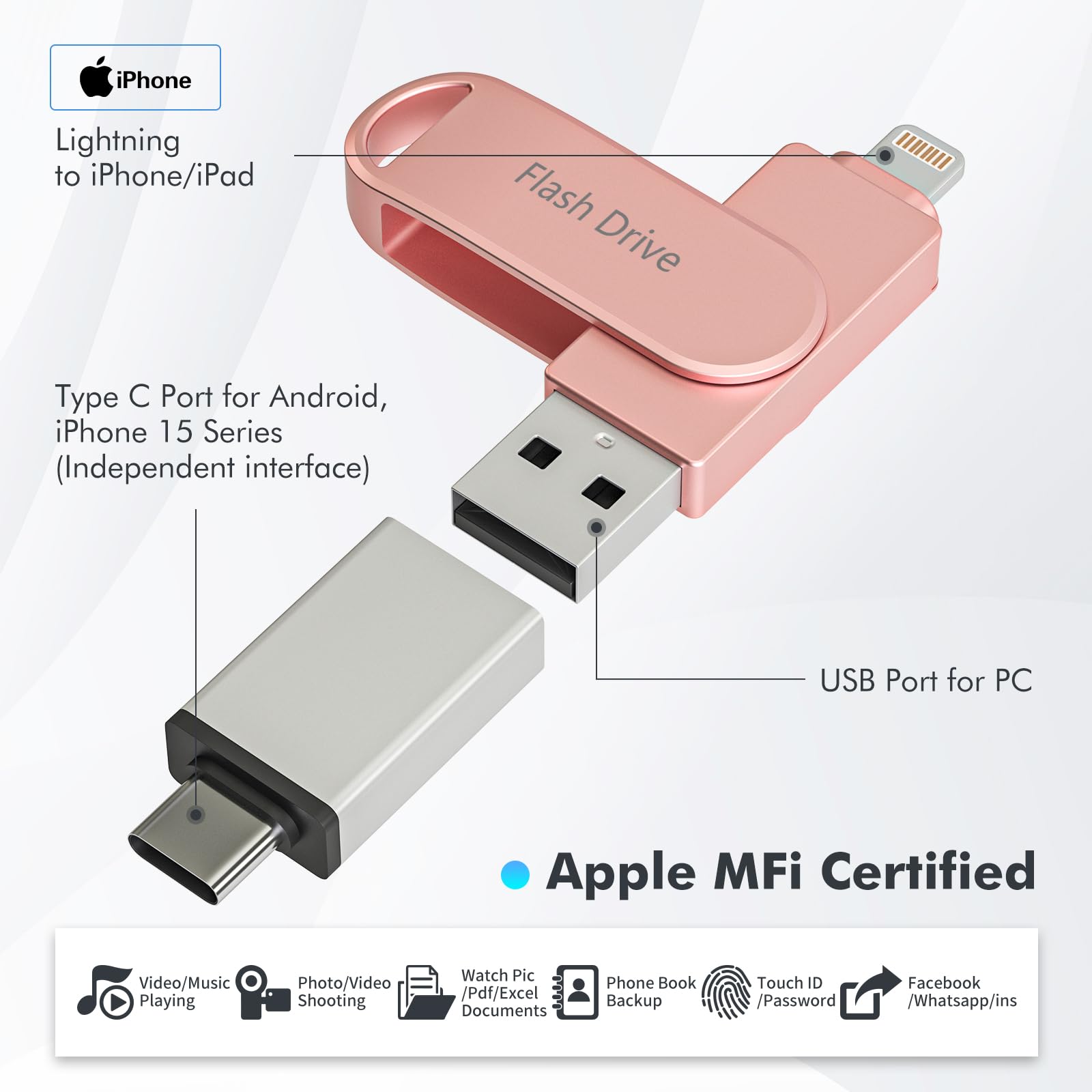 Apple MFi Certified Photo Stick, USB Flash Drive for iPhone 512GB, iPhone Memory Stick for Photo/Video Backup, High-Speed USB Stick for Photo Storage Drive Compatible for iPhone/iPad/Android/PC (Pink)