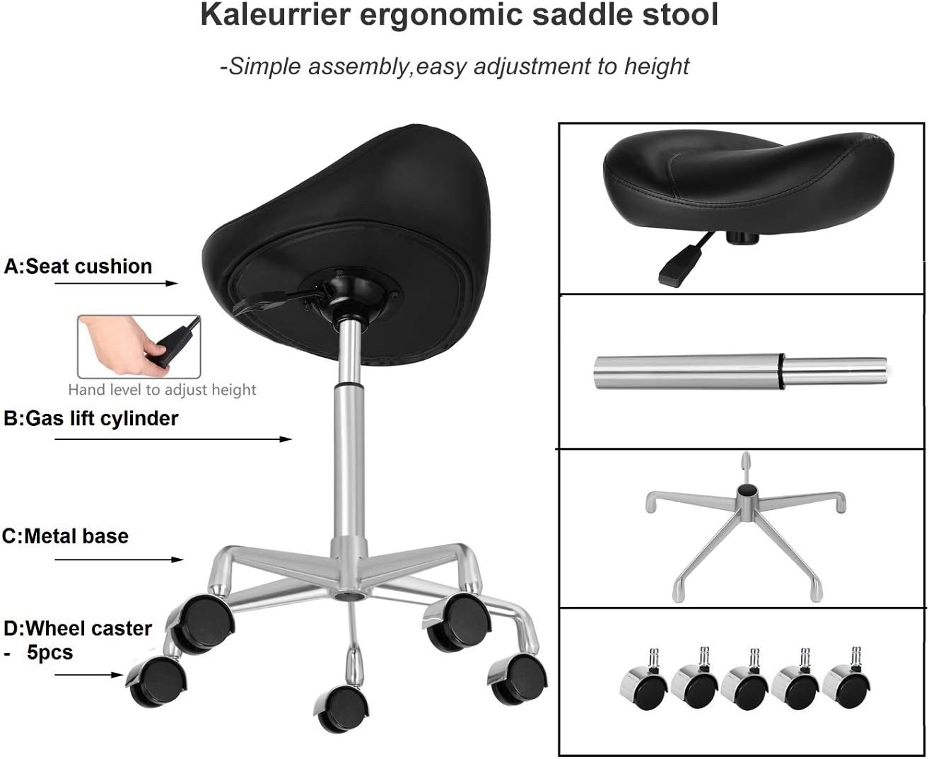Kaleurrier Ergonomic Rolling Swivel Saddle Stool with Wheels,Hydaraulic Pneumatic Lifting Height Adjustable Lightweight Chair for Clinic Spa Beauty Hair Salon Massage Lab Kitchen Home Office (Black): Furniture & Decor