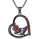 YYmqmq Skeleton Hand Red Rose Necklace 925 Sterling Silver Heart Halloween Pendant Necklace Gothic Jewelry