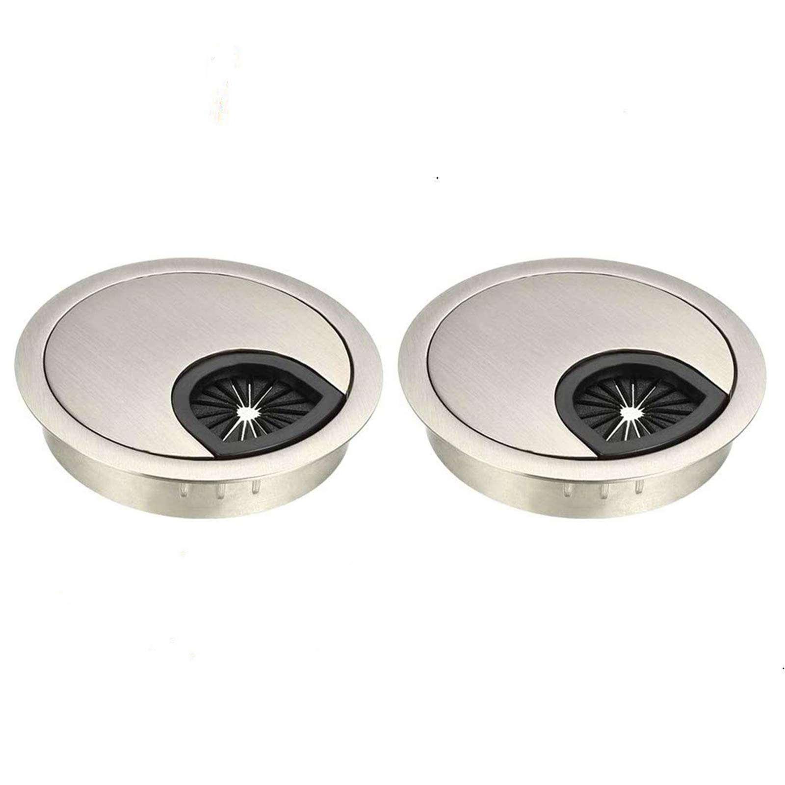 2 Pack Desk Grommet Kit Zinc Alloy Computer Desktop Grommets Wire Organizers Table Cable Cord Round Hole Cover for Home and Office (Ø60mm（2-3/8 Inch）, Brushed Silver)