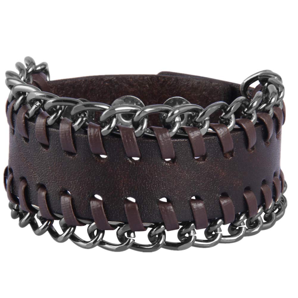 Original Tribe Antique Men's Brown Leather with Metal Chains Cuff Bracelet, Leather Wrist Band Wristband Handcrafted Jewelry SL2499