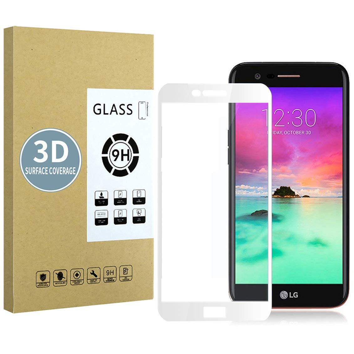 E-Hamii Screen Protector compatible with LG K10 2018[White],[High Definition][Anti Scratch],3D Tempered Glass,[Sensitive Response][ Bubble-free Installation]