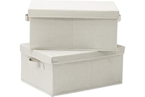 HOONEX Foldable Storage Bins with Lids, 2 Pack, Storage Boxes with Carrying Handles and Sturdy Heavy Cardboard, 16.5" L x 11.8" W x 7.5" H for Shoes, Books, Clothes, Linens, Beige