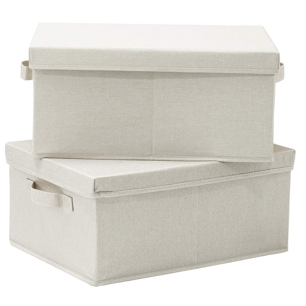 Photo 1 of HOONEX Foldable Storage Bins with Lids, 2 Pack, Storage Boxes with Carrying Handles and Sturdy Heavy Cardboard, 16.5" L x 11.8" W x 7.5" H for Shoes, Books, Clothes, Linens, Beige