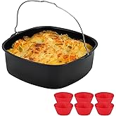 BSDLZCH 8inch Air Fryer Cake Pan, Non-stick Air Fryer Cake Barrel Square Deep Baking Pan Pizza Baking Pan for Instant Pot Cake Tray Basket Kitchen Accessorie Set (with 6 muffin cups)