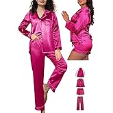 WJing Yi Jia 4Pcs Womens Silk Pajamas Set XS-XXL Satin Pajama Sets for women Silky Pj Set Sleepwear Pjs Nightwear Loungewear