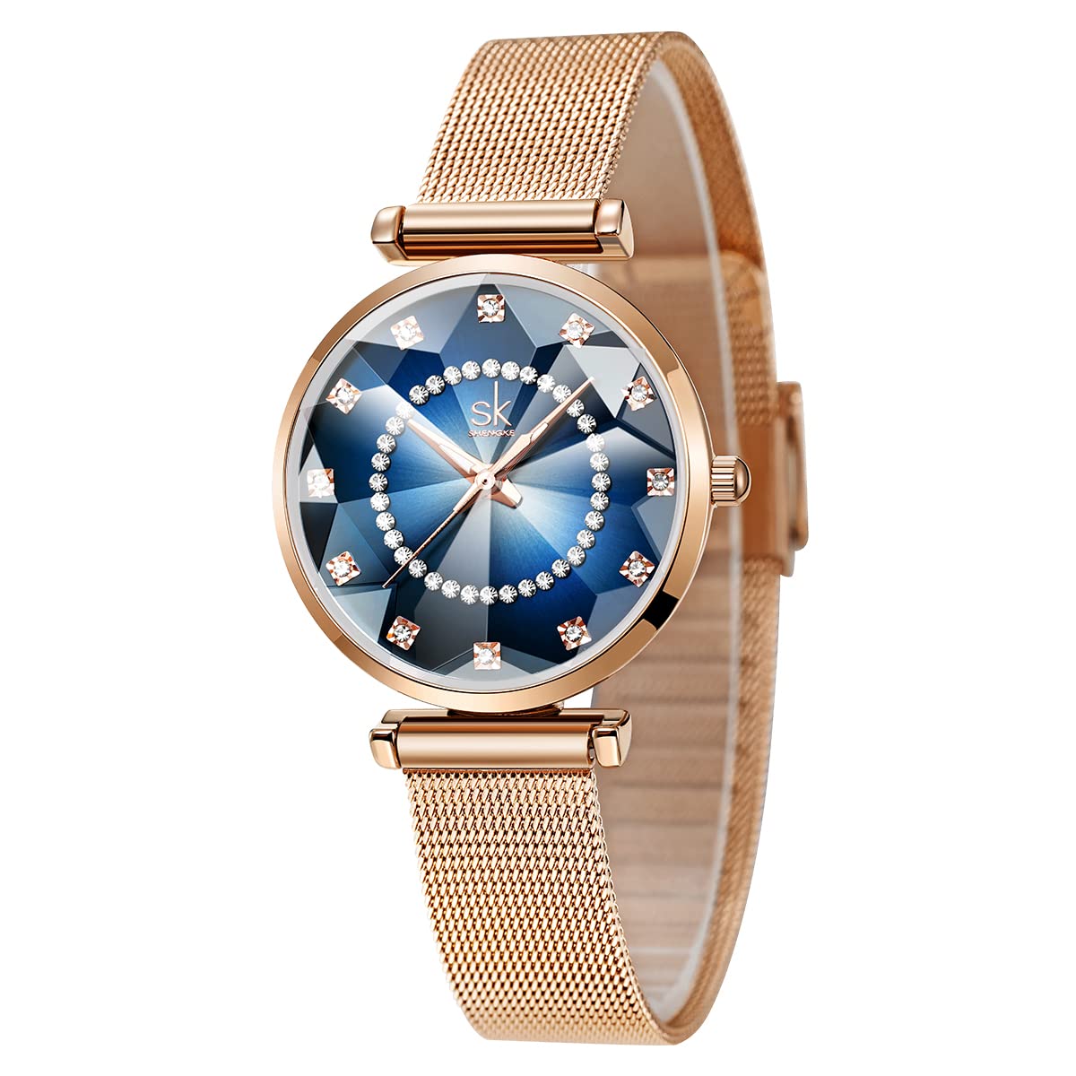 SHENGKE Kreative Damen Uhr Analog Quarz Armbanduhr mit Schwarz Edelstahl Armband Wasserdicht Damenuhren mit Blau Sternenhimmel-Zifferblatt für Frauen Blumen (Shell Dial-Mesh Band-Rosegold) 7
